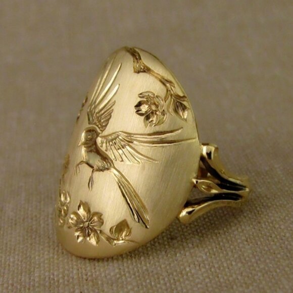 Ethnic Style Oval Birds Flower Tree Carved Vintage Rings for Women, MARR9159 - Picture 2 of 6